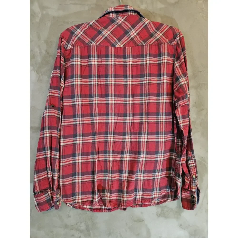 JACHS Girlfriend Size L Red Blue White Plaid Cotton Flannel Collared Shirt - Picture 6 of 7